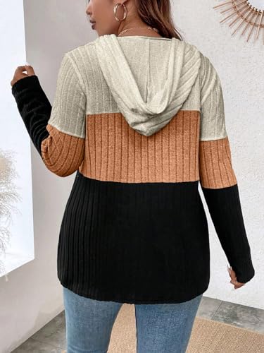 COZYEASE Women's Plus Size Colorblock Half Zip Hoodies Ribbed Knit V Neck Long Sleeve Pullover Sweater2