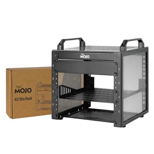 Image of Tecmojo 4U Network Rack, 10 inch Mini Server Rack with 2 Side Translucent Panels & 2 Top Handles, 7.87 inch Deep, for 10 inch IT Equipment & A /V Devices, Black