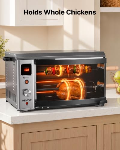 Image of VEVOR Countertop Vertical Oven Brazilian Flame 2 Auto Rotating Skewers | for Steak, Fish, Lamb Leg, 1800W Rotisserie Shawarma Machine, Electric Meat Kebab Grill, with Curved Glass Door, Drip Tray