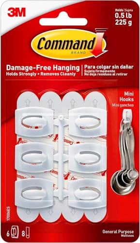 Command Mini Hooks White - 6 Hooks and 8 Small Adhesive Strips - Damage Free Hanging