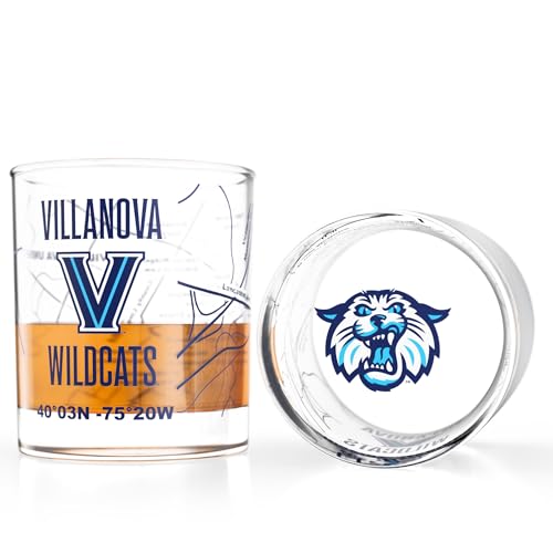 Image of Greenline Goods Villanova University Wildcats Whiskey Glasses Set of 2, 10 oz Rocks Glasses with Full-Color Logo & Campus Map - Officially Licensed Bourbon Glass Gift for Alumni & Fans