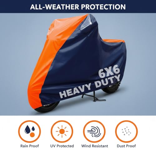 Image of 6X6 Heavy Duty Bike Cover for Splendor Plus, Dual Tone Orange & Blue, All-Weather Protection, Waterproof, UV Resistant, Dustproof, Durable Outdoor Motorcycle Body Covers for Daily Use