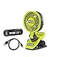 RYOBI 4 V USB-LITHIUM Akku-Clip-Ventilator RCF4-120G, 325°C drehbarer und um 180°C schwenkbarer Kopf, inkl. 1 x 4 V 2,0 Ah Akku und USB-C Ladekabel