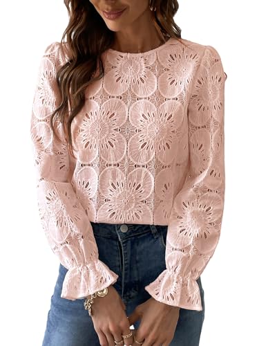 CUPSHE - Camicetta da donna con scollo rotondo e maniche lunghe, con ricami floreali traforati e polsini elastici, camicia elegante, rosa chiaro, M CUPSHE - Camicetta da donna con scollo rotondo e maniche lunghe, con ricami floreali traforati e polsini elastici, camicia elegante, rosa chiaro, M