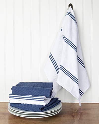 Sticky Toffee Cotton Terry Kitchen Towels Set Of 4, Dark Blue And White Hand Towels, Tea Towels, Reusable And Absorbent Cleaning Cloths, Oeko-Tex Cotton, 28 In X 16 In #TOP2