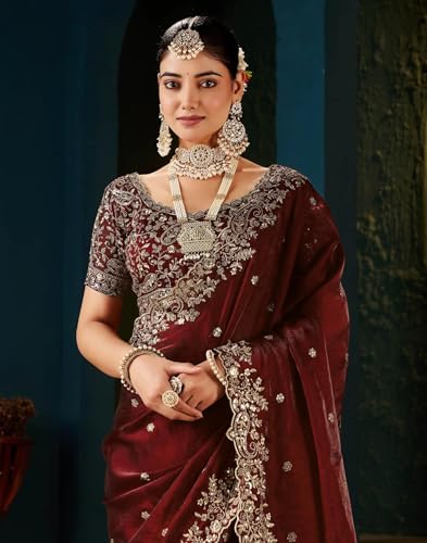 Image of Sidhidata Women's Soft Fandy Satin Embroidered Saree With Multi Sequence Cut Work Boarder & Comes With Unstitched Blouse Piece (Jimmy Free Size)