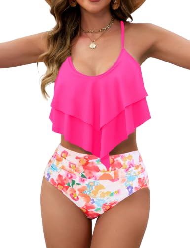 Image of Edelqual Bikini Sets for Women High Waisted Tummy Control Bathing Suit | 2 Piece Swimsuit,Double-layer Ruffled Top,Adjustable Spaghetti Straps,Crisscross Tie Back,Quick-Dry,Color Print,Beach & Pool