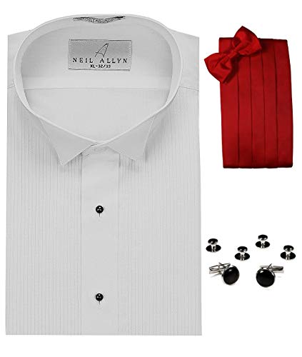 Wing Collar Tuxedo Shirt, Red Cummerbund, Bow-Tie, Cuff Links & Studs Set