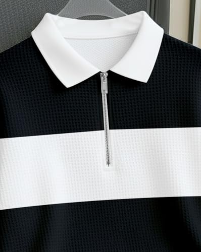 Image of Mens Stylish Half Zip Tshirt, Texture Striped Casual T-Shirt for Men, Formal Collared Neck Full Sleeves T-Shirt for Boys