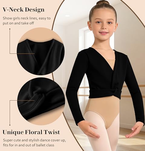 Image of DANSHOW Girls Ballet Wrap Top Long Sleeve Dance Sweater Toddler | Warm Ballet Cardigan for Girls, V-neck Pullover Shrug, Comfortable and Soft Inside, Basic Dance Cover Up