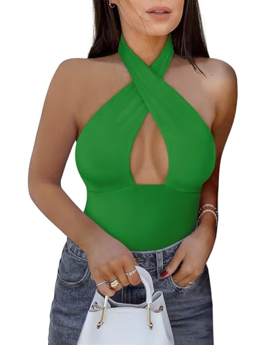 REORIA Butsmooth Women's Trendy Sexy Criss Cross Halter Neck Sleeveless Thong Bodysuits Tops Clubwear