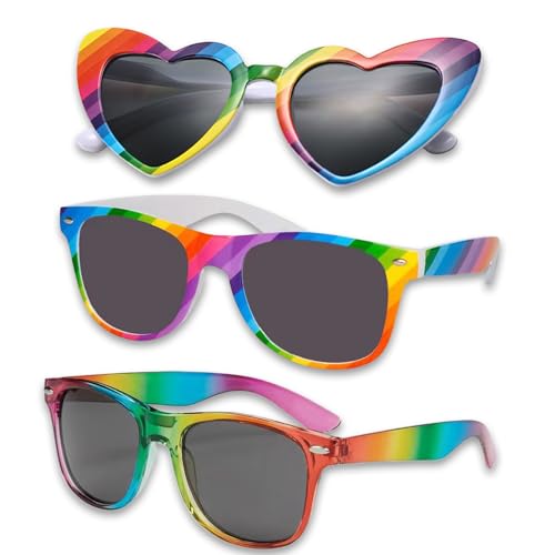 3 Stück Regenbogen Sonnenbrille, Pride Outfit LGBTQ Accessoires, Gay Bunte Sonnenbrille, CSD Outfit Damen Herren, LGBT Partybrillen Rainbow Sunglass, für Hippie und Fasching Party Kostüm Zubehör