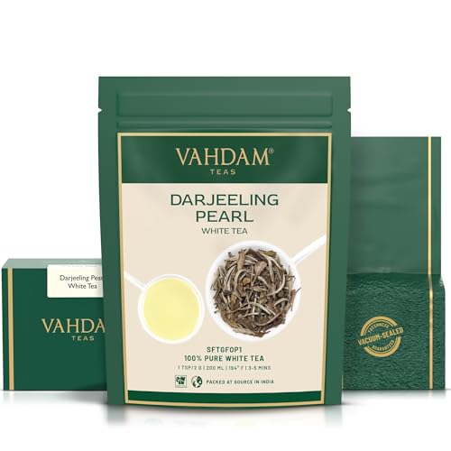Image of VAHDAM, Darjeeling Pearl White Tea | 100% Pure Unblended White Tea Loose Leaf | 1.76oz (25 Cups)