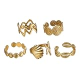 Cupimatch Paquete de 5 anillos de playa: anillos de playa ajustables de acero inoxidable dorado para mujer, diseño de estrella de mar, conchas marinas, apilables, juego de regalo de joyería oceánica