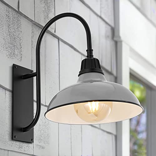 Image of JONATHAN Y 12.25 inch Gray /Black 1-Light Farmhouse Gooseneck Outdoor Wall Sconce Lamp, with Black Metal Bowl Shade, Industrial Iron LED Porch Light for Patio Garage Entryway (JYL7614D)