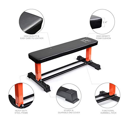 RitFit Utility Flat Weight Bench with Dumbbell Rack, 880 LB Capacity Workout Bench for Home Gym - Weightlifting, Strength Training, Full Body Exercise