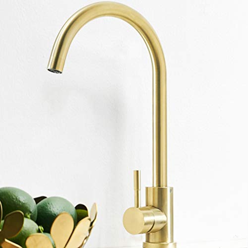 Mitigeur cuisine acier inoxydable or brossé monotrou rotatif eau chaude froide