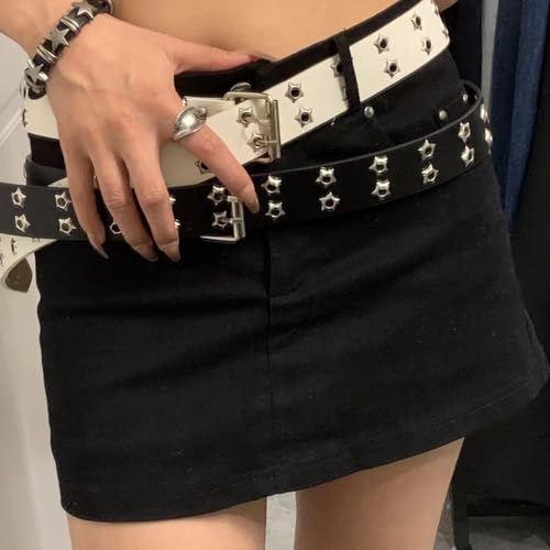 Adjustable Black PU Leather Belt with Silver Grommets – Y2K Gothic Punk Style for Women – Double Hole Design, Fits Waist Sizes 27-40 Inches4
