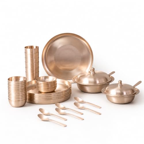 Image of Luxury 40-Piece Matte Finish Kansa Dinner Set Featuring Premium Brushed Bronze Plates, Bowls, Tumblers, Lidded Servers, and Spoons
