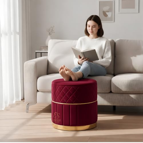 Image of Set of 2 Round Velvet Ottoman Footstool Gold Base - Tufted Upholstered Pouffe Stool for Living Room, Bedroom & Dressing Area (Maroon-2)