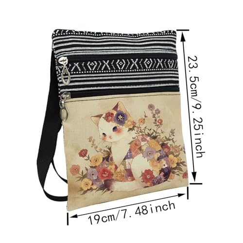 Floral Cat Messenger Bag Small Ethnic Pattern Printed Adjustable Strap Crossbody Zipper Bag Floral Cat Phone Bag Wallet Cute Shoulder Handbag for Women -12