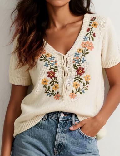 Mywinway Embroidered Knit Sweaters for Women Spring Summer V Neck Short Sleeve Crochet Pullover Knitted Blouses Tops2