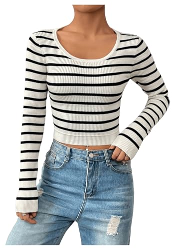 Image of SOLY HUX Women's Fall Striped Crop Sweater Scoop Neck Long Sleeve Ribbed Pullover Jumper Tops White and Black Small