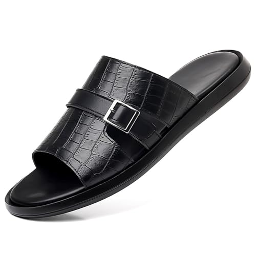 Men'S Printed Leather Flat Sandals Summer Round Toe Comfortable Slip-On Daily Casual Slippers Lightweight Beach Sandals