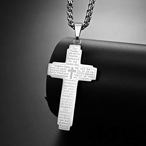 Rehoboth Stainless Steel Our Father Lord's Prayer Cross Pendant Necklace for Women Men Chain 24"3