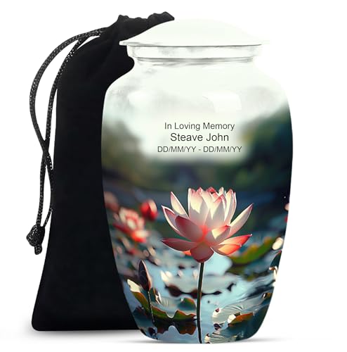 Image of Personalized Lotus - Memorial Urns For Mom & Dad - Decorative Urns For Ashes - 10 Inch - Large With Velvet Bag - Human Remains Urn - Cremation Urn For Ashes - Burial Urns - Large Funeral Urn