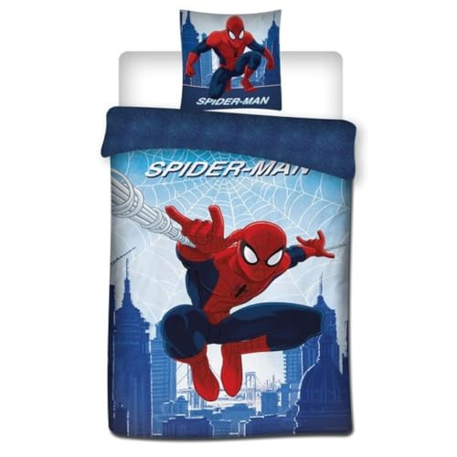 Parure de Lit Spiderman Web 1 Personne, Housse de Couette 140x200 cm + Taie d'oreiller 65x65 cm, Polycoton