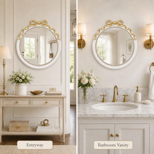 Image of LIN KANG 24 Inch Gold and White Bow Mirrors, Round Decorative Wall Mounted Mirror，Suitable for Entryway, Bedroom, Hallway, Living Room Decoration, Nursery, Girls Room