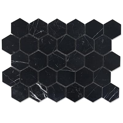 Adolif Black Marble Mosaic Tile, Honed, Nero Marquina Marble Tile for Shower Kitchen Wall Bathroom Floor, 2 Inch Hexagon, 5 Sheet