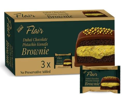 Flair Dubai Chocolate Pistachio Kunafa Brownie - 50gm - Pack of 3 Individually Wrapped