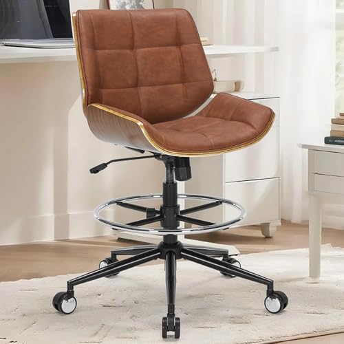 Image of Drafting Office Chair Ergonomic Executive Computer Standing Desk Chair with Adjustable Height and Footrest Ring, Drafting Chair for Counter Height Desk and Drawing (Brown)