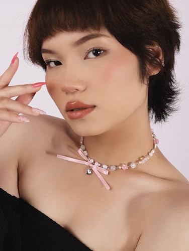 OJERRY Y2K Kawaii Coquette Pink Bow Cutecore Aesthetic Heart Star Beaded Choker Cool Necklaces Jewelry Accessories Coolest Romantic Gifts for Women2