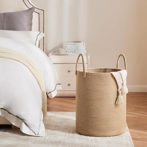 Image of Laundry Basket for Clothes | Large Cotton Rope Laundry Hamper with Handles | Foldable Storage Basket Bathroom & Living Room | Laundry Bag for Clothes | Toys & Blanket | 36 x 36 x 46 cm