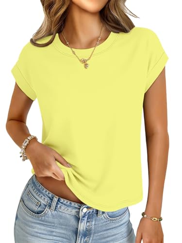 Image of UNCLECAT Womens Crop Tops Loose Fit Cap Short Sleeve Summer Tee Yellow