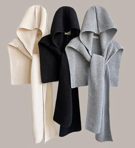 Women's 3-in-1 Knitted Hooded Shawl Striped Scarf Hat Neck Warmer Pashmina Shawls and Wraps Sweater Tie Up Shoulder Tops Cape2