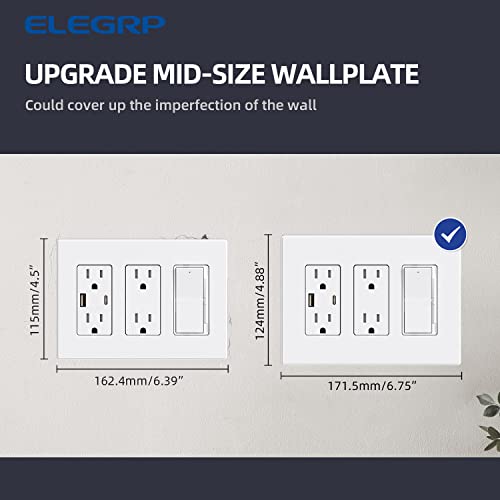 Image of ELEGRP 3-Gang Screwless Decorative Wall Plates, Mid-Size Unbreakable Thermoplastic Faceplate Cover for Decorator Receptacle Outlet Switch, UL Listed (5 Pack, Matte White)