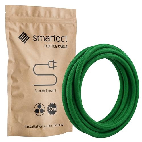 smartect Cable Textil en Color Verde, Cable Electrico 3 Hilos de 50 Metros (3 x 0,75 mm²) Cuerda para Lampara con Revestimiento Textil para su Proyecto DIY