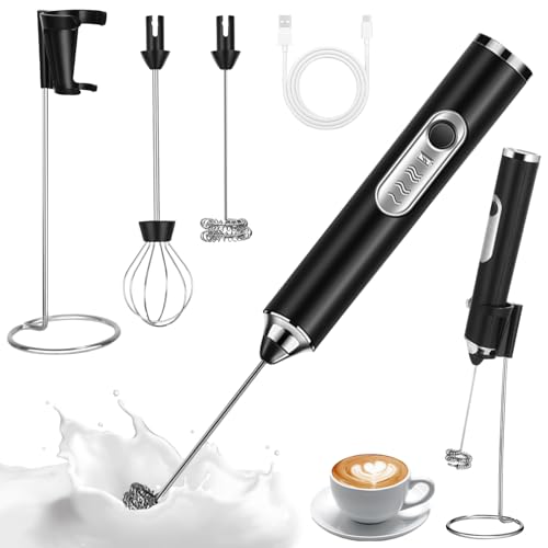 TIDEVAN Handheld Milchschäumer Stab, Usb Wiederaufladbarer Aufschäumer Wiederaufladbarer Milchaufschäumer mit Ständer, 3 Gang, 2 Schneebesen-Köpfe, für Kaffee,Creme,Cappuccino,Latte (Schwarz)