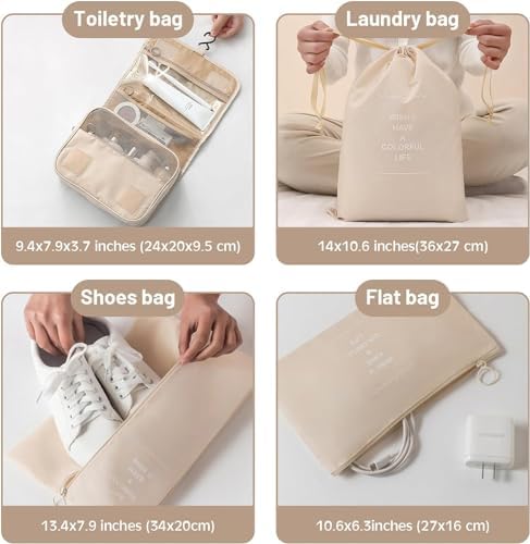 Packing Cubes for Suitcases, 8 Pcs Travel Packing Cubes, Luggage Suitcase Organizer Bags Set, Travel Organiser Packing Bags, Travel Backpack Essentials Accessories, Beige