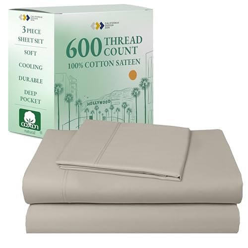 California Design Den Twin XL Sheets Set - Luxury 600 Thread Count Sateen, Natural 100% Cotton Bed Sheets Twin XL, Fully Elasticized Deep Pockets, Cool and Durable Bedding for Dorm Room - Soft Linen