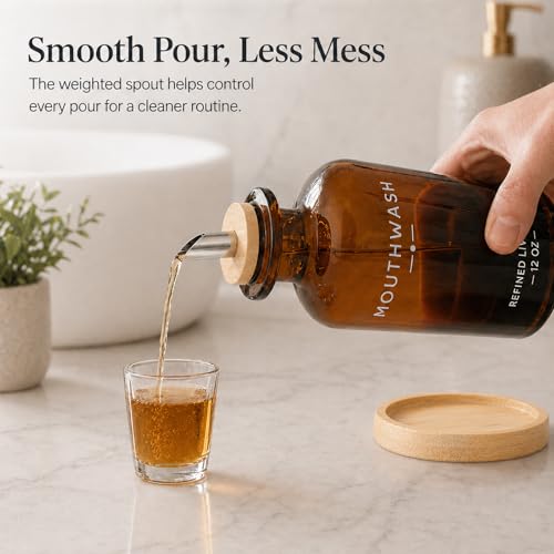 Image of Mouthwash Dispenser for Bathroom, 12 OZ Refillable Glass Mouthwash Bottle with Cup and Bamboo Tray, Decorative Mouth Wash Dispenser Set for Bathroom (Amber)
