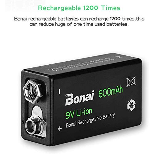 Bonai Rechargeable 9V Batteries 600Mah High Capacity 9V Rechargeable Batteries,(4 Pack) 9 Volt Lithium Batteries For Smoke Alarms Metal Detector Etc - Long-Lasting & Economical #TOP2