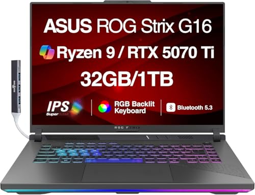 Image of ASUS ROG Strix G16 G614 AI Gaming Laptop 16.0 inch 165Hz IPS WUXGA Display | AMD Ryzen 9 8940HX, GeForce RTX 5070 Ti 12GB, 32GB DDR5, 1TB SSD, RGB KB, Win 11 Pro, w /DKZ USB Hub - G614PR-G16.R95070TI
