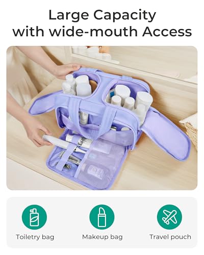 BAGSMART Travel Toiletry Bag, Lightweight Large Wide-open Travel Bag for Women, Puffy Cosmetic Makeup Bag Organizer with Handle for Accessories,Essentials, Toiletries, Purple2