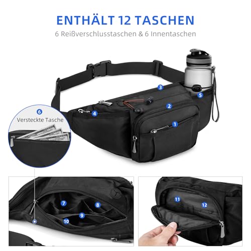 Wiserset Bauchtasche für Herren und Damen, Gürteltasche mit Flaschenhalter Gurt Verstellt Hüfttasche mit 6 Reißverschlusstaschen für Wandern Hundespaziergänge Joggen Radfahren Reisen Laufen, Schwarz
