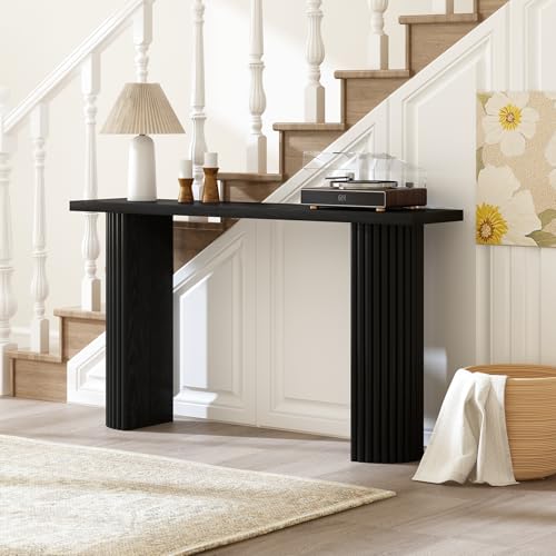 Image of Fluted Solid Wood Console Table - 55 Inches Mid Century Modern Foyer Table, Entryway Hallway Minimalist Sofa Table, Half Round Legs, Black